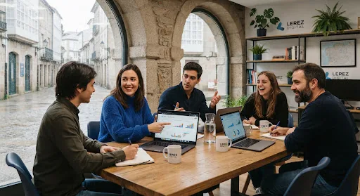 Warm and modern creative agency team in Pontevedra Galicia discussing client metrics over coffee at a sleek oak table. Natural soft overcast Atlantic daylight flooding through historic stone arch windows. Contemporary cobalt accents, laptops with analytics dashboards, professional yet approachable local vibe.