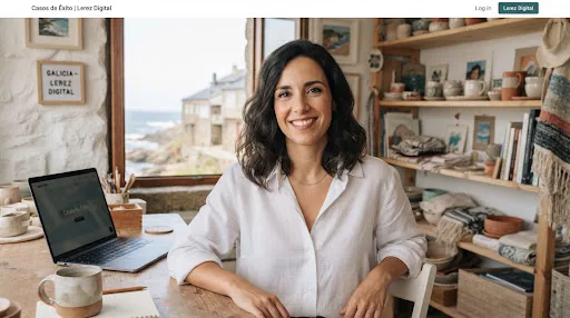 Professional female entrepreneur portrait with dark hair in a bright artisanal coastal studio in Galicia, smiling genuinely, wearing a casual elegant white linen shirt, crisp photography.