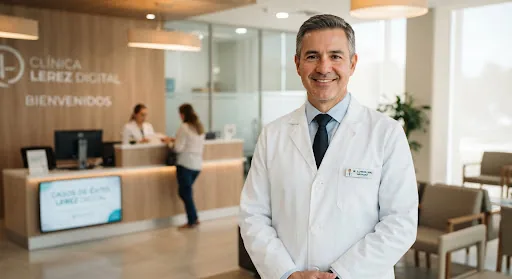 Professional medical doctor portrait with neat lab coat in modern clinic reception background, middle-aged male with friendly welcoming expression, soft lighting.