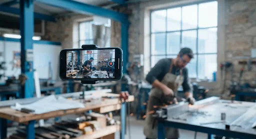 Modern smartphone capturing dynamic video reels in a bright Atlantic workshop in Pontevedra with clean natural lighting and blue tones