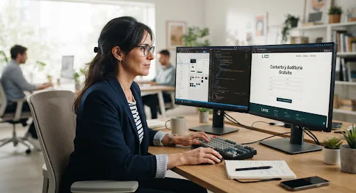Retrato dunha deseñadora de UI senior e desenvolvedora frontend concentrada no traballo con dobre monitor e iluminación limpa.