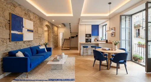 Editorial photograph of a newly renovated stone townhouse interior in Pontevedra with light oak chevron flooring, exposed original Galician granite wall, minimalist recessed warm LED lighting, architectural interior design aesthetics matching electric cobalt brand tones, 8k crisp quality.