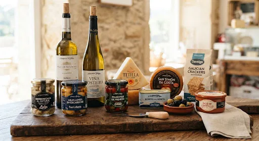 Artisanal Galician gourmet delicatessen food products wine bottles cheeses preserves packaged with elegant luxury craft branding on dark oak board