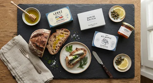 Modern gourmet seafood packaging and artisan canned delicacies flat lay styling on dark slate surface with premium olive oil drizzles, rustic Galician sourdough bread, subtle blue accents, professional food photography lighting for high-end boutique e-commerce shop.