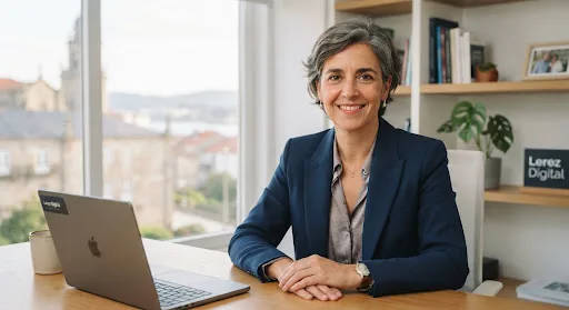 Professional studio portrait of an authentic business owner in northwest Spain looking confident with soft natural office lighting