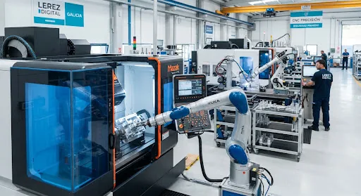 High precision CNC metal machining plant in Galicia with robotic automated arm, clean industrial workshop lighting, blue safety glass reflections and modern engineering manufacturing line, crisp commercial perspective.