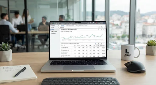 Business laptop displaying Google Ads keyword auction performance search results for professional services in Galicia clean modern office desk