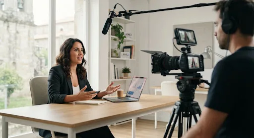 High quality professional camera filming a business founder in a modern minimalist workspace in Pontevedra, cinematic natural lighting, creating brand authority video content