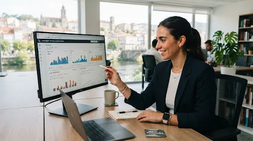 Retrato dun especialista en SEO orientado aos datos analizando informes de tráfico orgánico nun espazo de oficina moderno e luminoso en Pontevedra.
