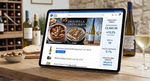 High-end gourmet food e-commerce showcase featuring Spanish seafood delicacies and Albarino wine bottles, viewed on a clean modern iPad interface with electric blue conversion metrics.