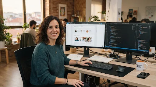 Portrait of a creative Spanish female UI UX web developer in her early thirties sitting beside a dual-monitor workstation displaying code and Figma layouts, warm natural lighting, confident approachable expression, contemporary Pontevedra creative office.