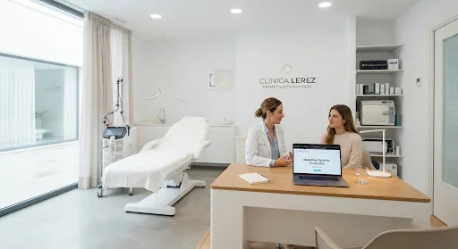 Bright modern aesthetic medical clinic consultation room with high-end dermatological technology spotless white interior clean architectural lines