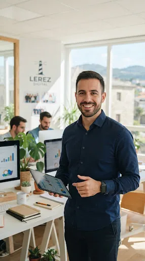 Retrato dun consultor estratéxico dixital enérxico nun estudo creativo luminoso en Galicia, con camisa casual azul mariño e sorriso confiado.