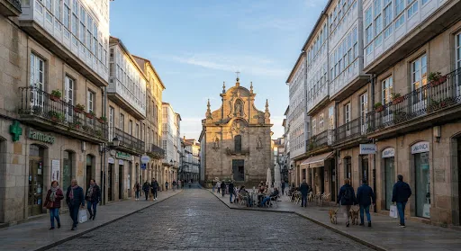 Atmospheric view of Rua Alfonso IX, n3 and Praza da Peregrina in Pontevedra Galicia during a crisp morning with pedestrian street life and traditional Galician architecture.