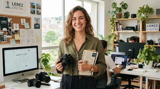 Portrait of a young dynamic female creative content producer and copywriter in Galicia holding a camera and a notebook, warm genuine smile, stylish casual attire, sunlit creative office with plants and branding moodboards.