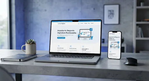 High-end responsive website design interface displayed across clean laptop and smartphone mockup on minimalist modern concrete studio desk with subtle blue ambient light