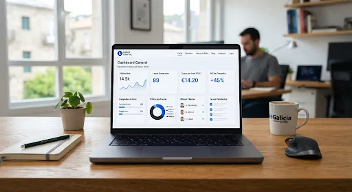 Modern desktop laptop presenting high performance website design dashboard with clean layout, minimal UI components, elegant dark and blue accents, photographed in natural studio lighting on oak wooden desk in Galicia creative office