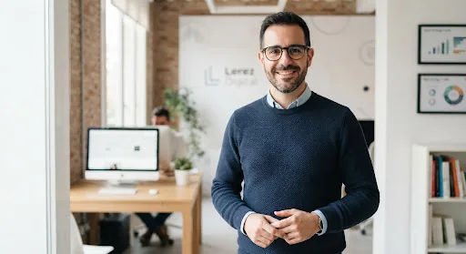 Portrait of an experienced Spanish male digital strategist in his late thirties with glasses and a navy sweater standing in a bright minimalist design studio with soft natural light, friendly confident smile, high resolution photography with crisp details.