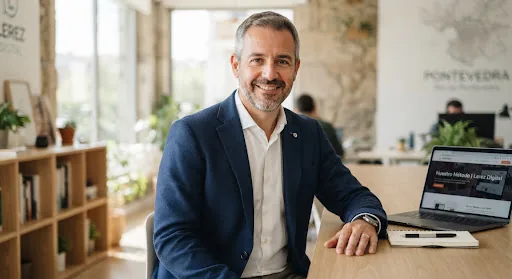 Portrait of an experienced Spanish business owner from Pontevedra wearing a navy blazer and white collared shirt, confident and approachable expression, natural professional lighting