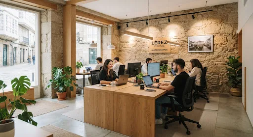 Bright modern studio office interior in Pontevedra with original restored Galician granite masonry walls, large wooden desks, ergonomic chairs, laptops, and architectural lighting.