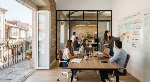 Meeting room in Pontevedra historic quarter office with glass partition, collaborative whiteboard filled with marketing funnel diagrams, and natural sunlight pouring from balcony.