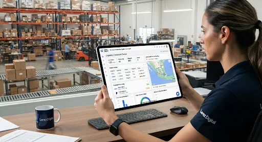 Ecommerce logistics dashboard showing live orders, payment processing notifications, and automated package routing on high resolution modern tablet interface in warehouse office environment