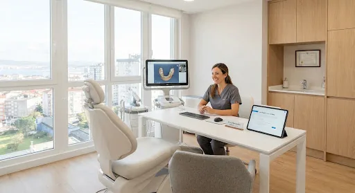 Modern serene dental clinic consultation room in Vigo with bright natural lighting through floor-to-ceiling windows, white leather dental chair, ergonomic digital 3D jaw scanner screen on side, warm wood accents and calm clinical atmosphere.