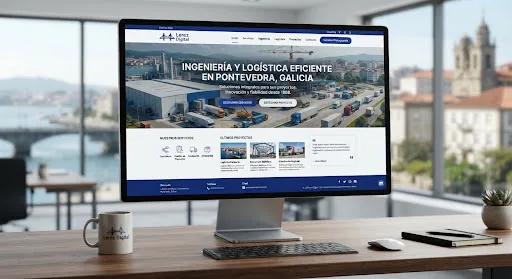 Modern clean responsive website design for an engineering and logistics company in Pontevedra Galicia on a premium desktop display with deep cobalt blue accents and crisp typography