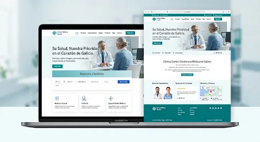 High converting medical clinic corporate website mockup designed for a local clinic in Galicia with clean minimalist layouts teal and cobalt UI elements and patient booking flows
