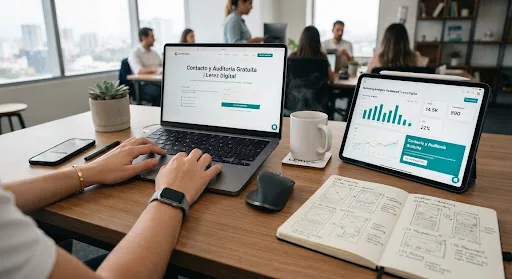 Mans traballando nun teclado con esbozos de UX e pantallas de análise de marketing móbil nunha tableta, xunto a unha cunca de café.