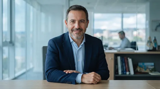Fotografía profesional de retrato de directivo gallego en oficina sobria y moderna con luz atlántica suave y tonos azulados