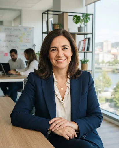 Portrait of a smiling confident businesswoman client from Galicia in modern daylight office wearing navy blazer