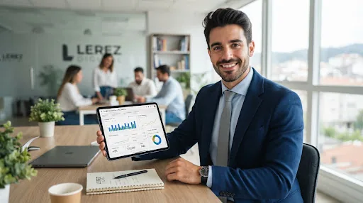 Portrait of a professional Spanish male paid media and tracking data analyst holding a tablet showing Google Ads performance graphs, clean crisp attire, friendly analytical demeanor, high clarity European boutique marketing agency background.